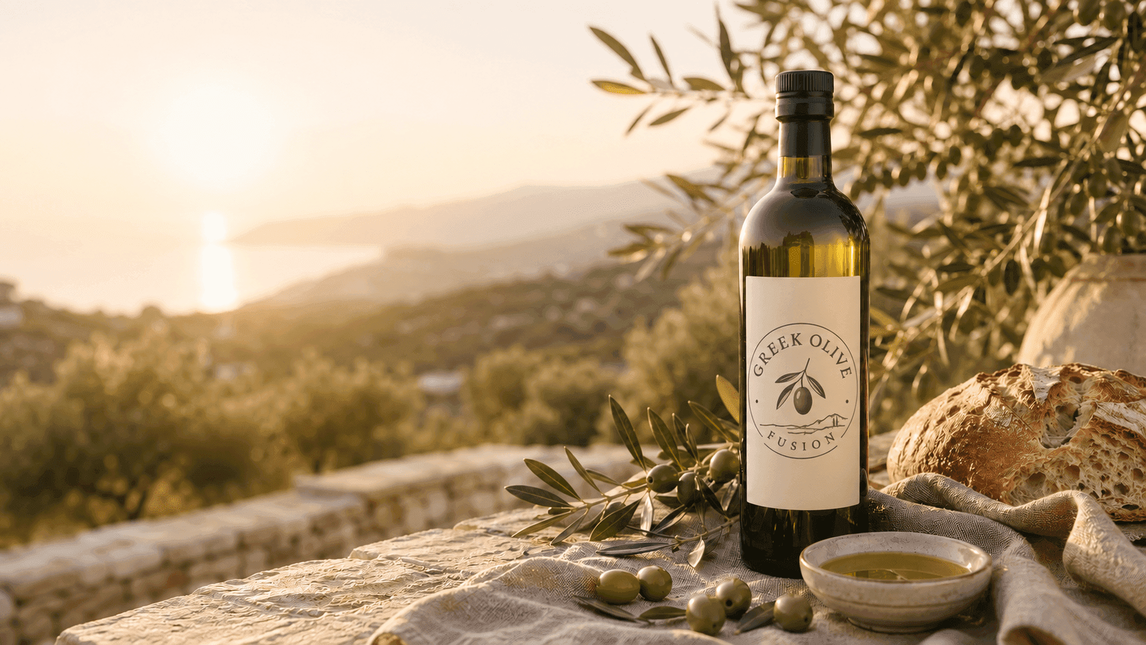 Greek Olive Fusion bottle in a Mediterranean olive grove