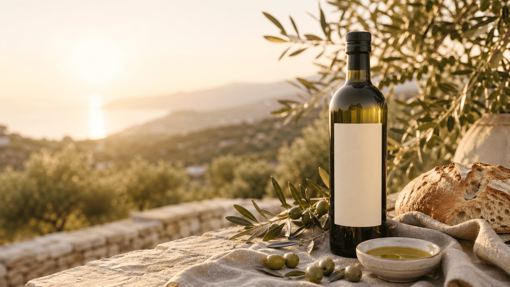 Greek Olive Fusion bottle in a Mediterranean olive grove